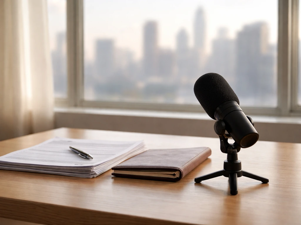 Quiet office desk with a microphone and scattered documents, symbolizing media and financial analysis