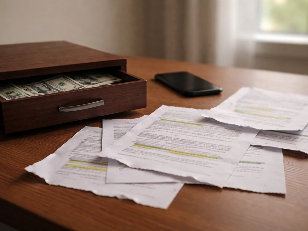 Unreliable net worth rumors theme: scattered printed pages and a smartphone on a desk near a cash drawer.