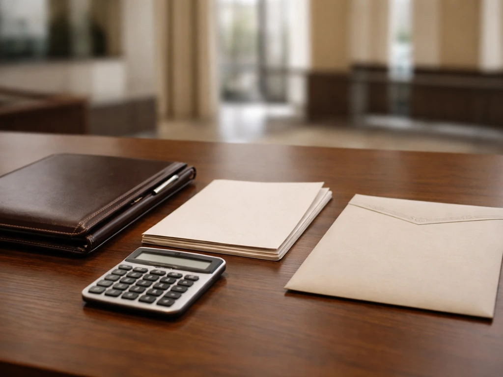 Minimal desk scene with portfolio, blank papers, and envelope symbolizing assets and liabilities.