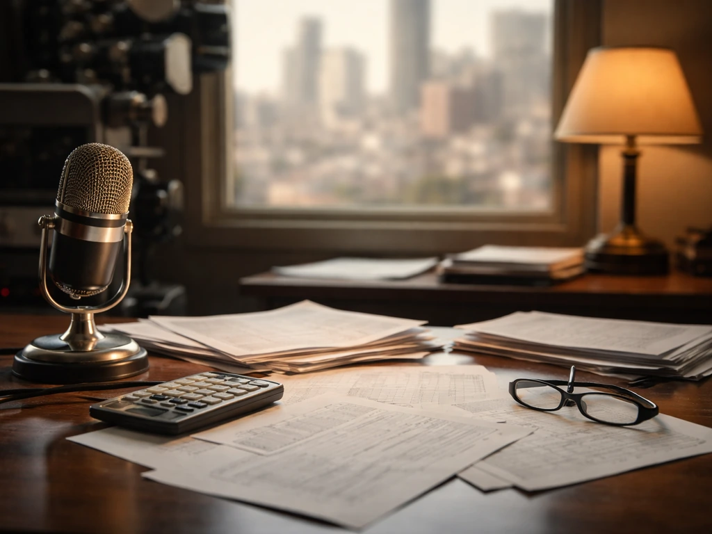 Anonymous TV studio desk with a microphone and blank papers, symbolizing unverified net-worth info.