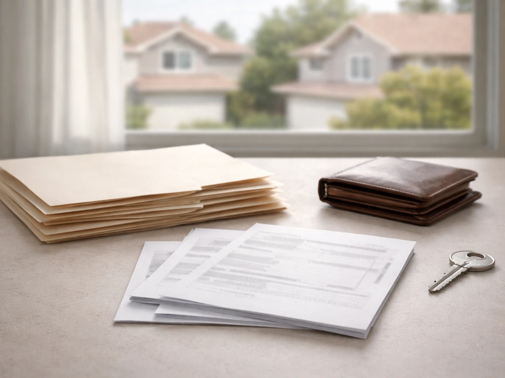 Minimal tabletop with blank financial papers, folders, wallet, and a key, evoking assets and investments.