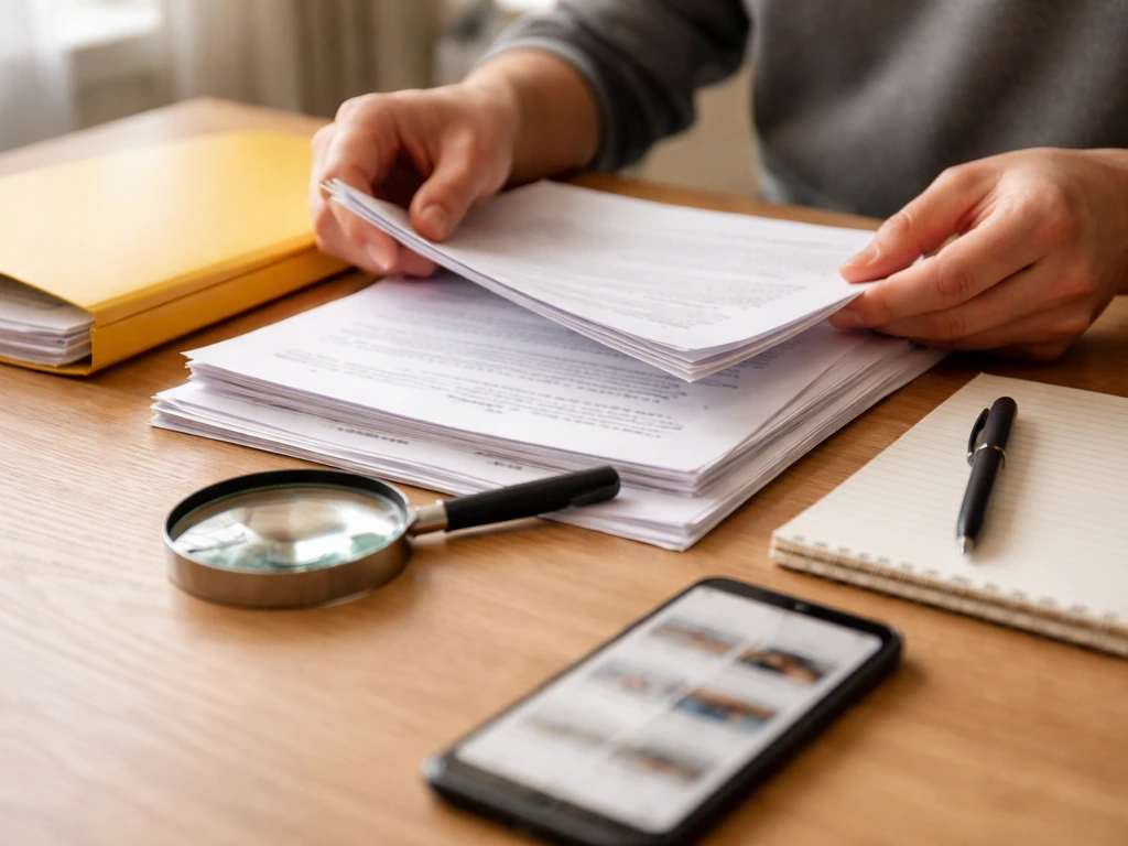Close-up of hands reviewing documents and a smartphone showing search results, symbolizing net-worth due diligence.