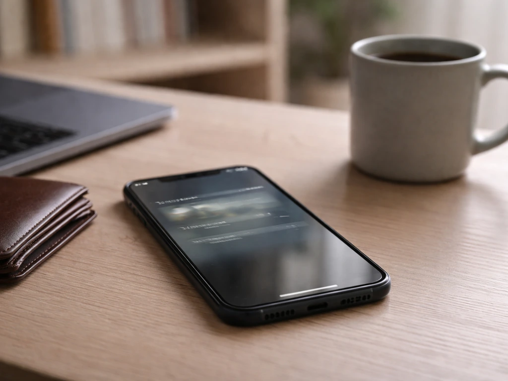 Minimal desk scene with a smartphone displaying a generic net-worth style inquiry, symbolic of estimate figures