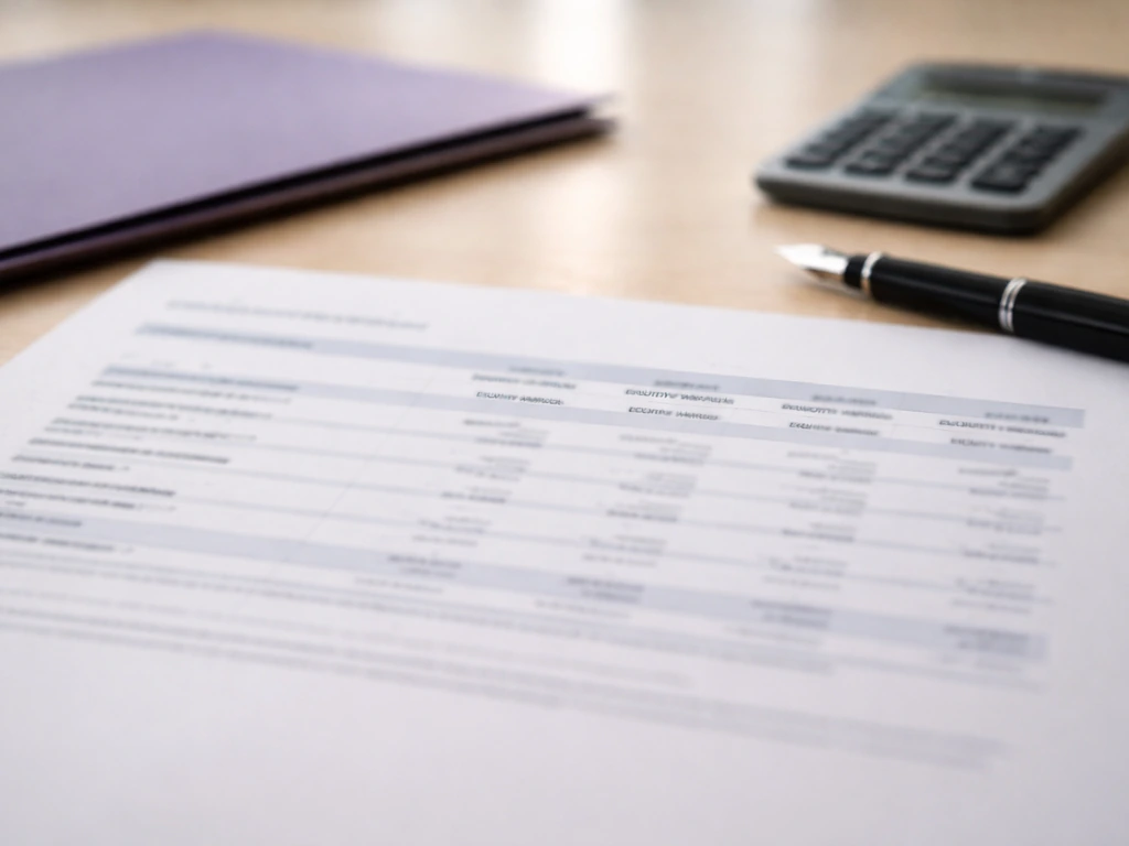 Close-up of a blurred annual report table on a desk with pen and calculator, suggesting equity awards.