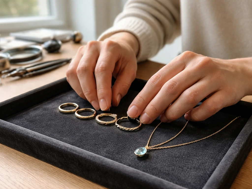 Hands arranging gold rings on a velvet tray in a bright New York jewelry studio.