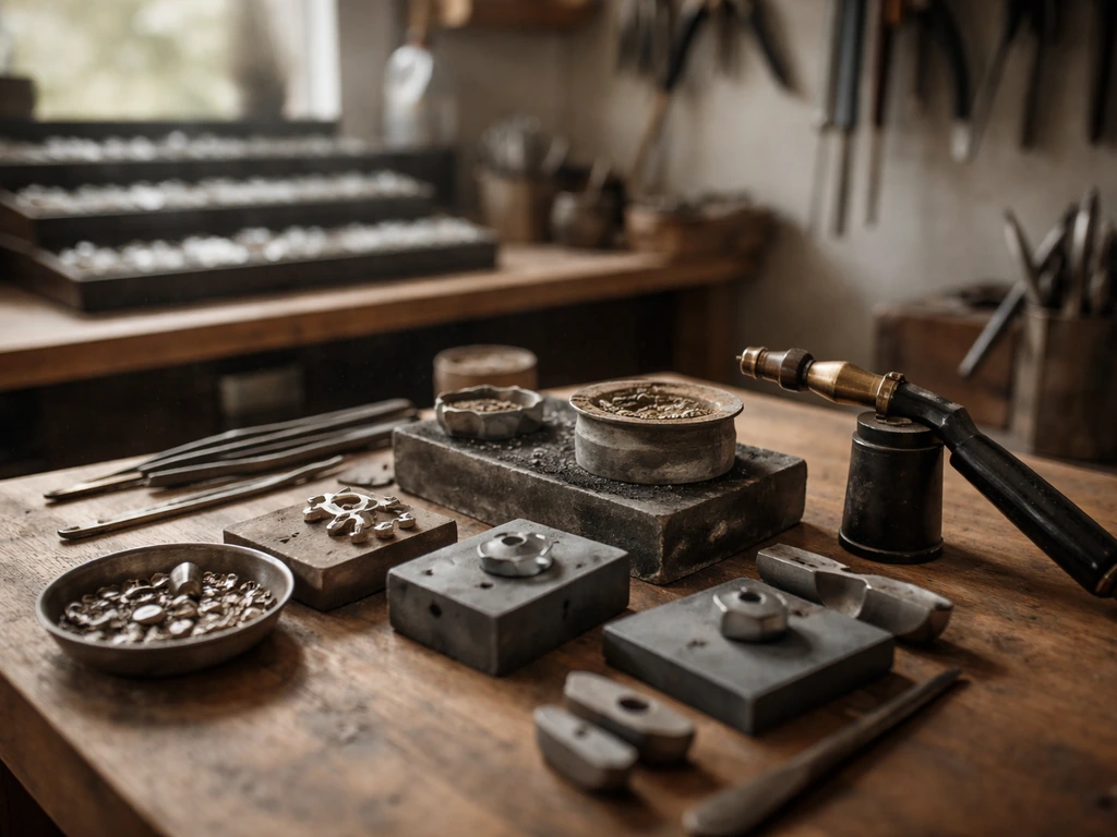 Jewelry studio workbench with sculpting and casting tools, metal pieces, and gemstone trays in natural light.