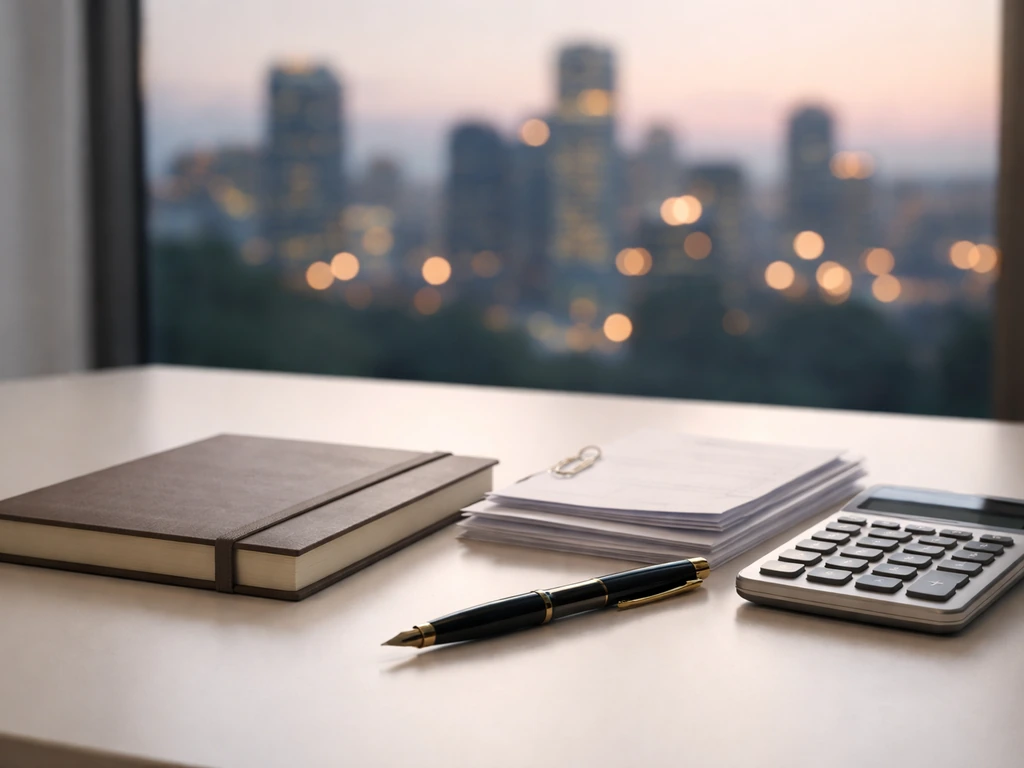 Close view of a notebook, calculator, and business documents with a softly blurred city skyline