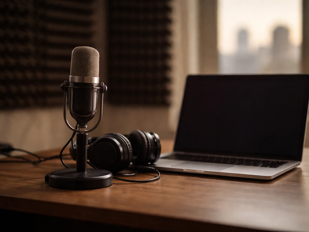 Minimal recording studio desk with microphone and headphones, symbolizing music/media net worth search.