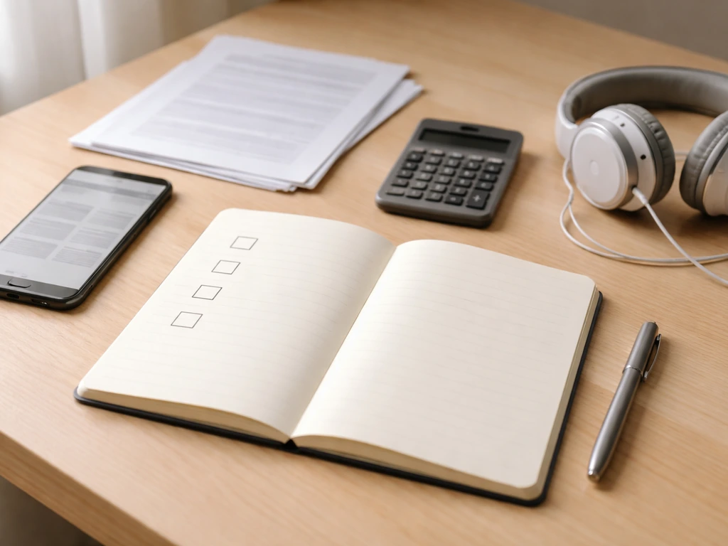 Minimal desk with a checklist notebook, calculator, papers, and smartphone for researching album and credential data