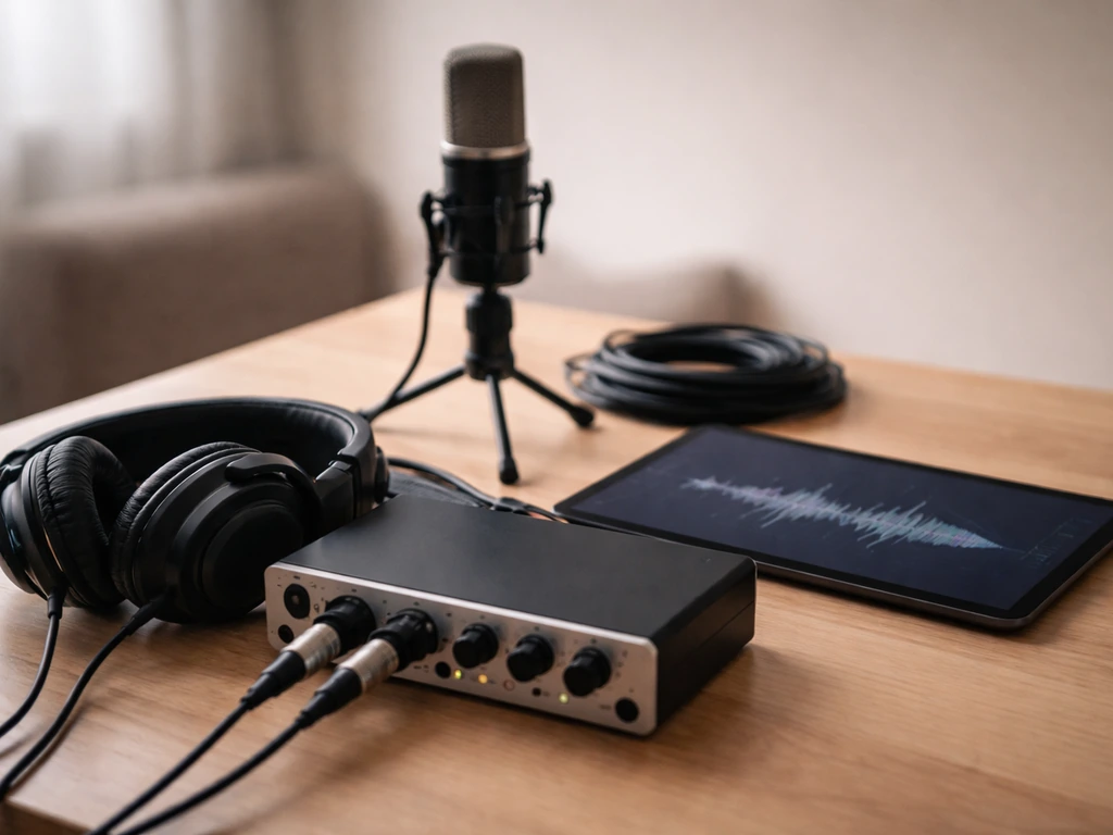 Music production desk with studio gear and a tablet showing an audio waveform