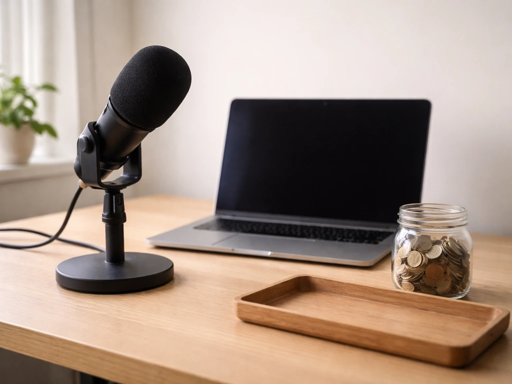 Minimal studio desk scene with a microphone and coins symbolizing a net worth estimate range.