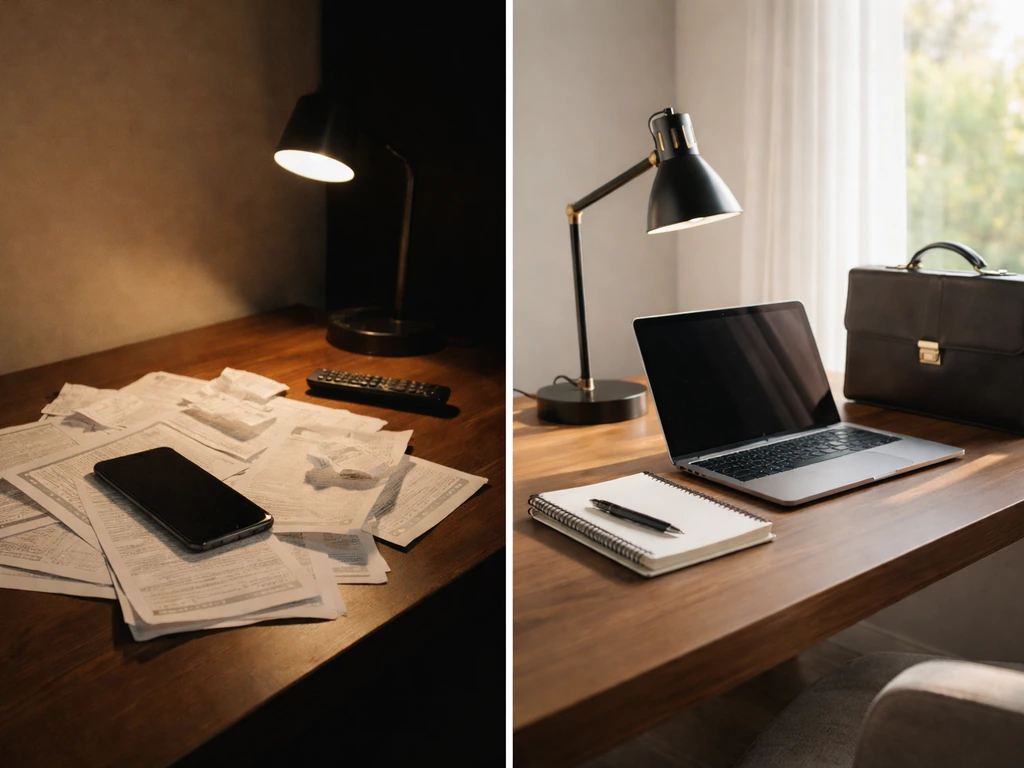 Split scene: modest media-era desk vs brighter brand-era desk, showing different wealth assumptions.