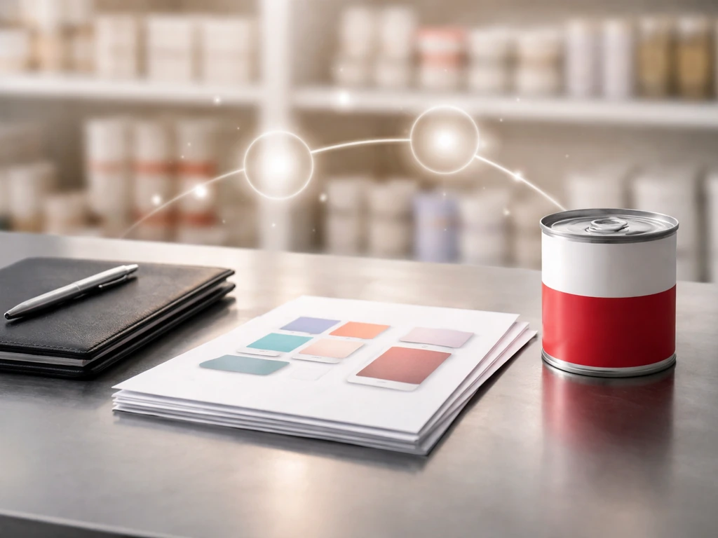 Business desk with blank documents and a generic pet food can, suggesting brand licensing and IP income.