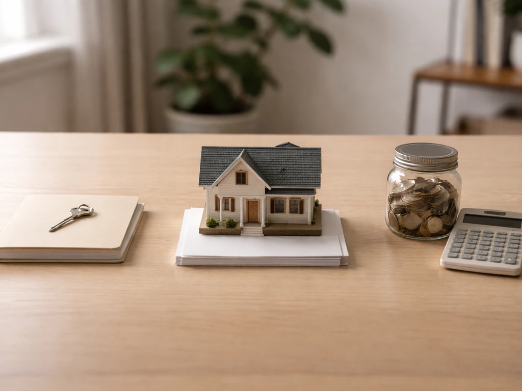 Minimal desk scene with three distinct asset items representing business equity, real estate, and investment accounts.