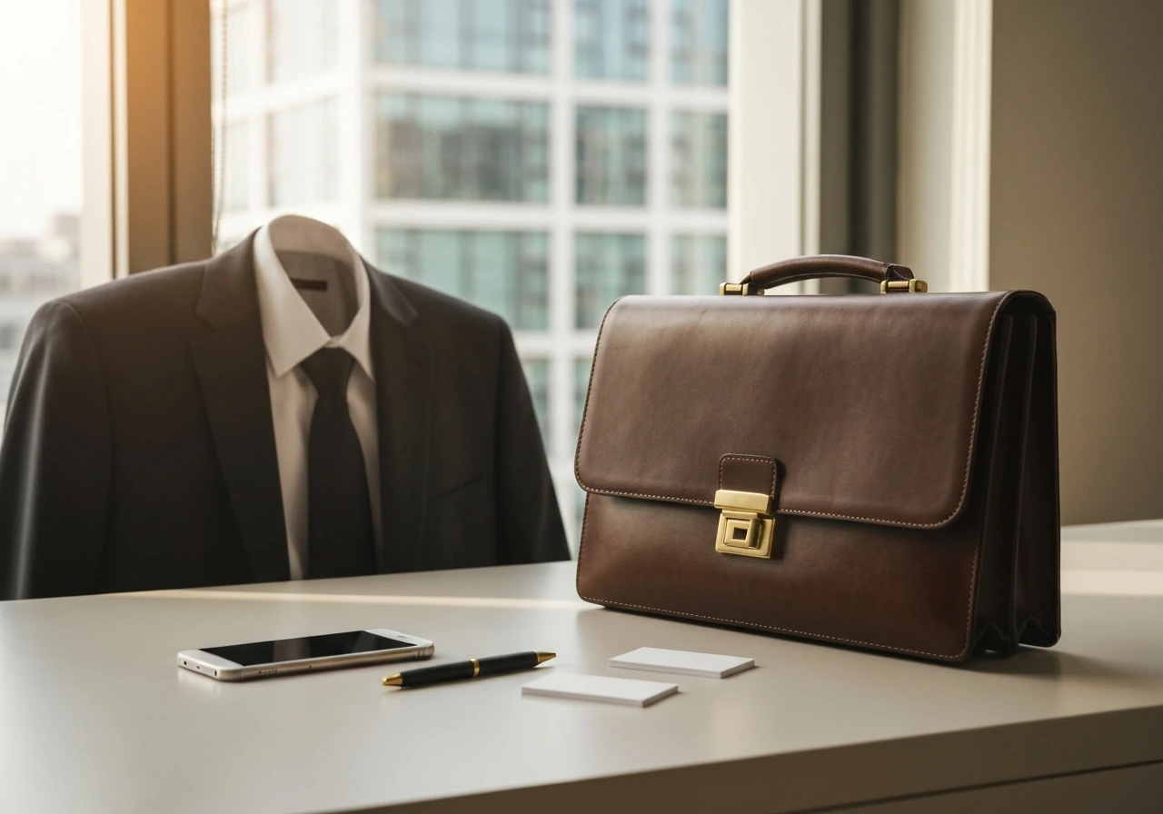 Minimal business scene showing a tie, briefcase, and phone in a quiet corporate office, symbolizing net worth research.