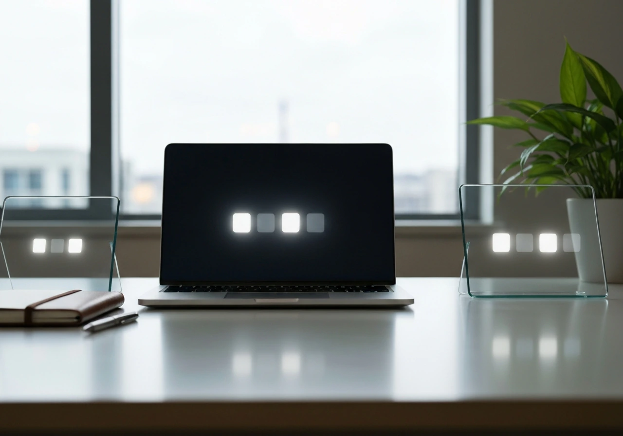 Minimal office desk with two adjacent blurred finance screens suggesting net-worth estimates comparison.