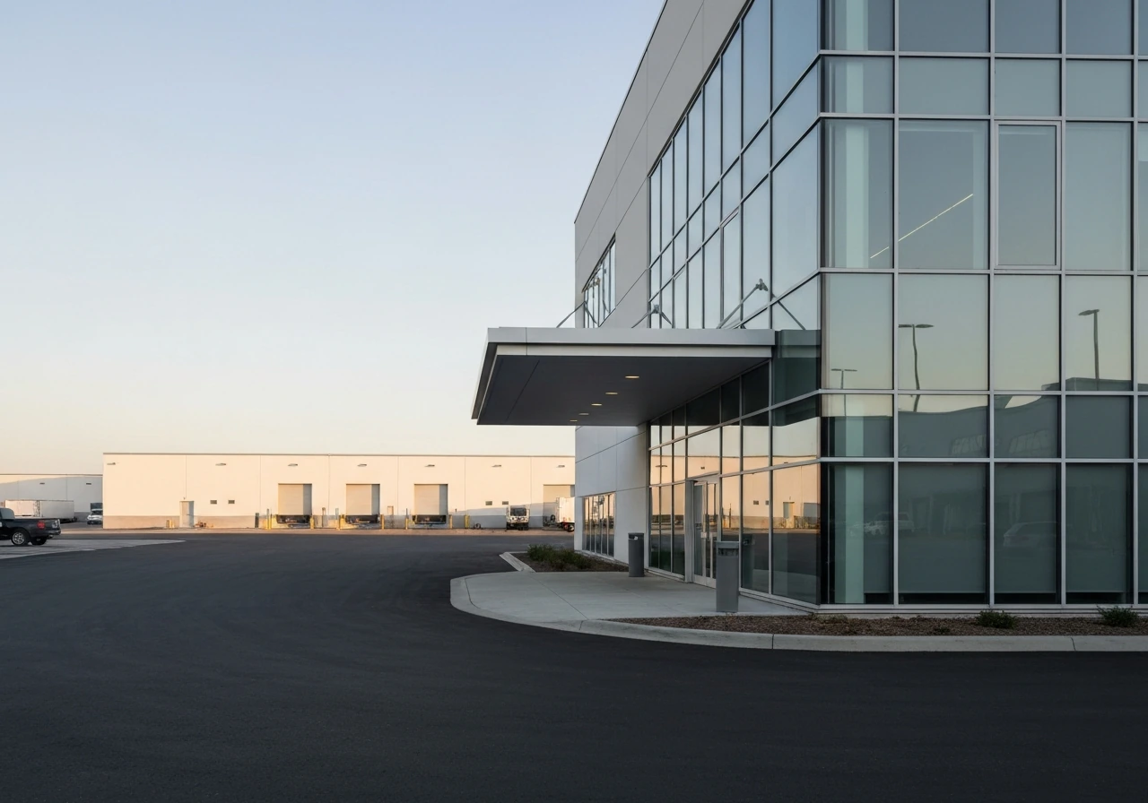 Editorial photo of an industrial headquarters exterior with an abstract business finance mood, no people.