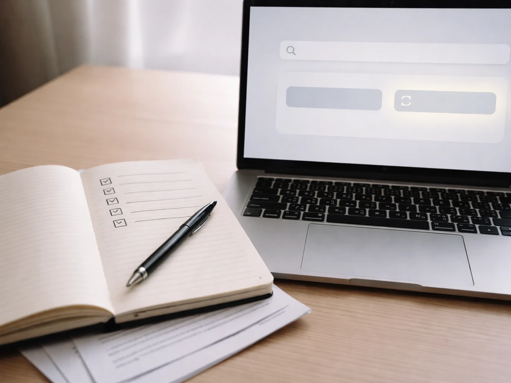 Close-up of a notebook with checklist items beside a laptop showing SEC EDGAR search concepts