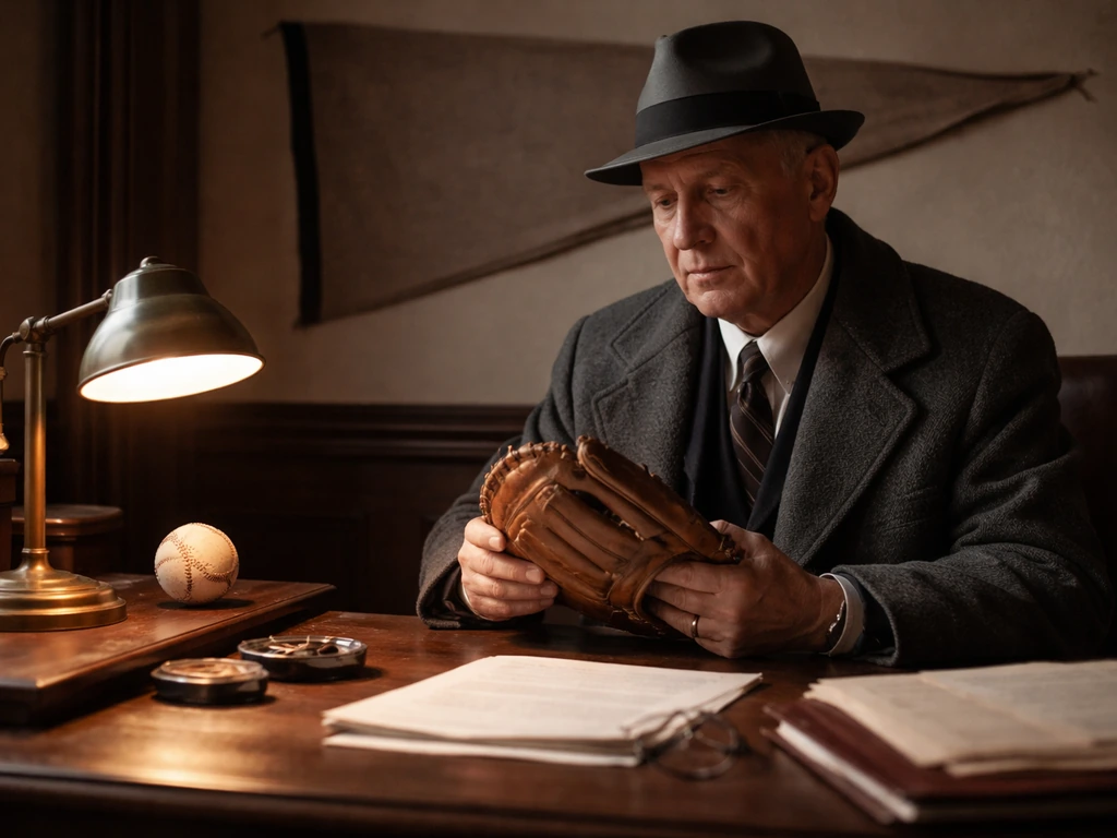 Anonymous early 1900s baseball owner in a quiet office with a glove and vintage baseball.