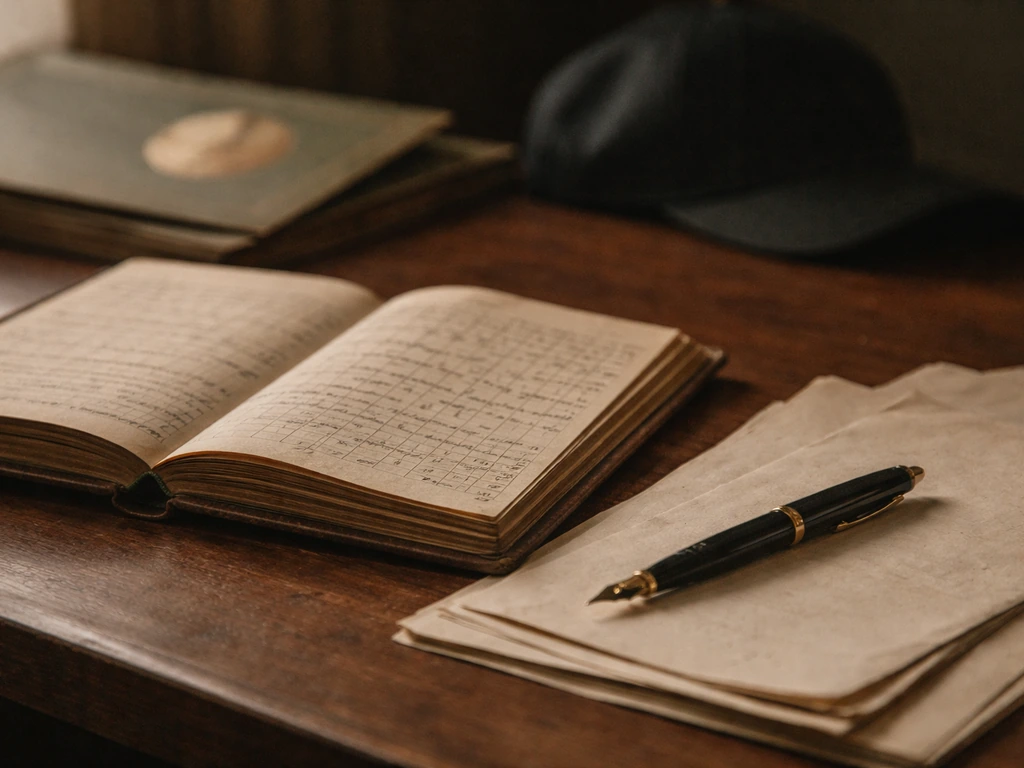 Close-up of a vintage baseball scorebook on a desk beside archived research papers and a pen