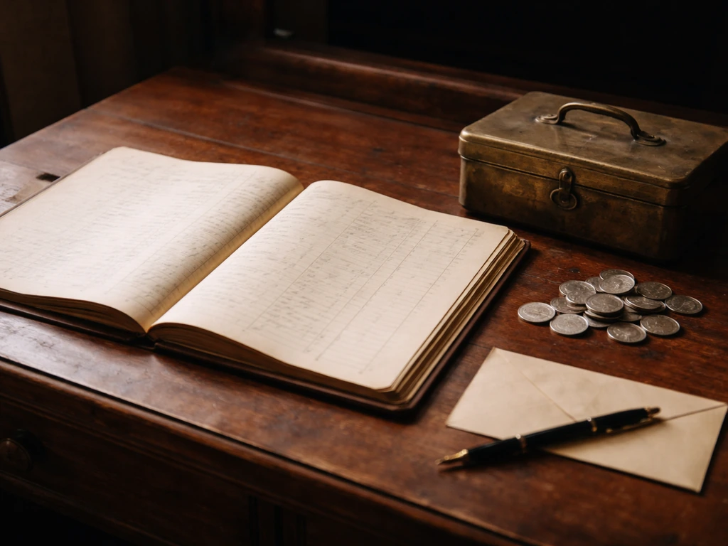 Vintage ledger pages beside coins and a cash box, symbolizing assets minus liabilities and operating costs.