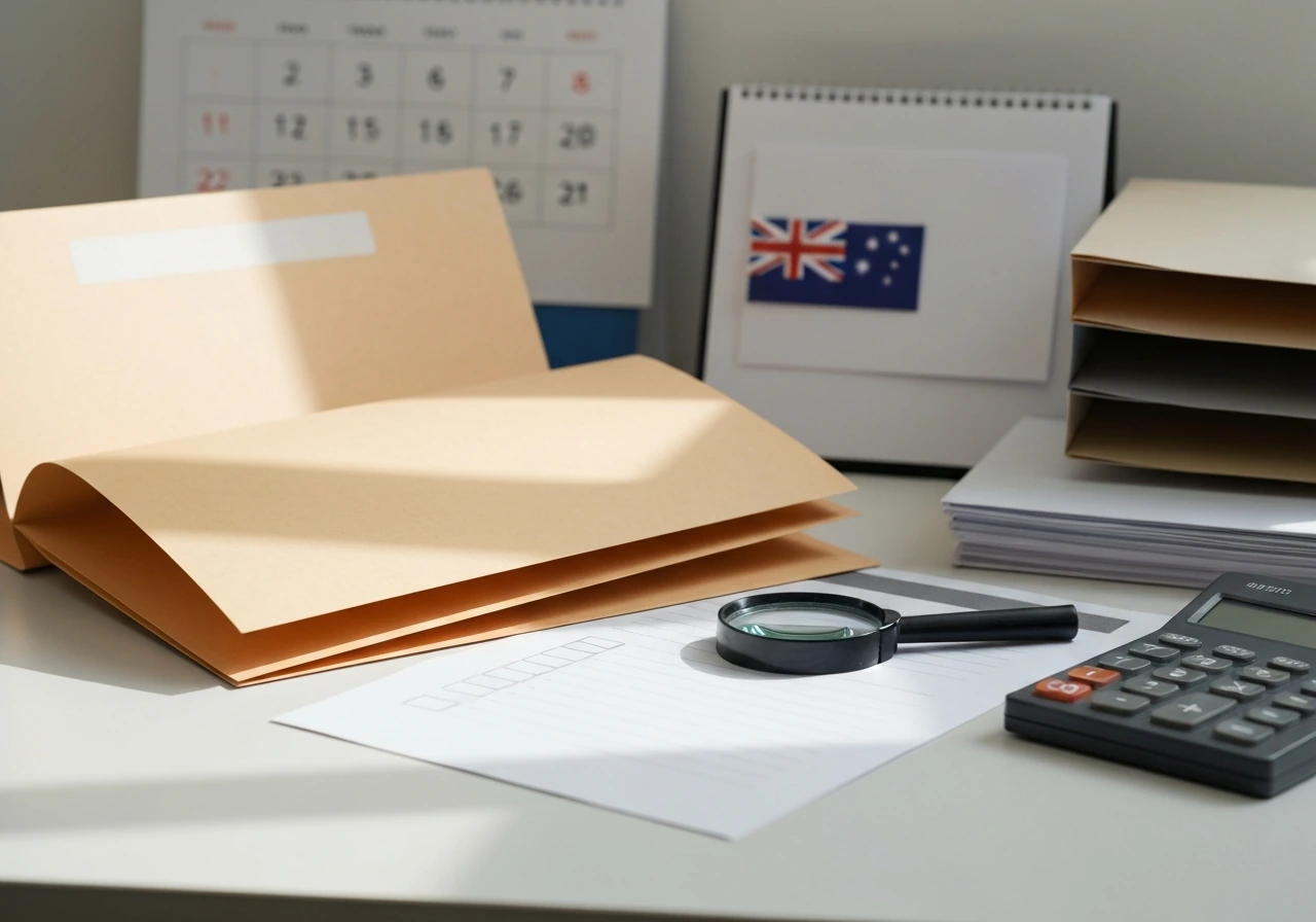 Document folders and checklist on a desk with Australian financial paperwork vibe, symbolizing net-worth due diligence