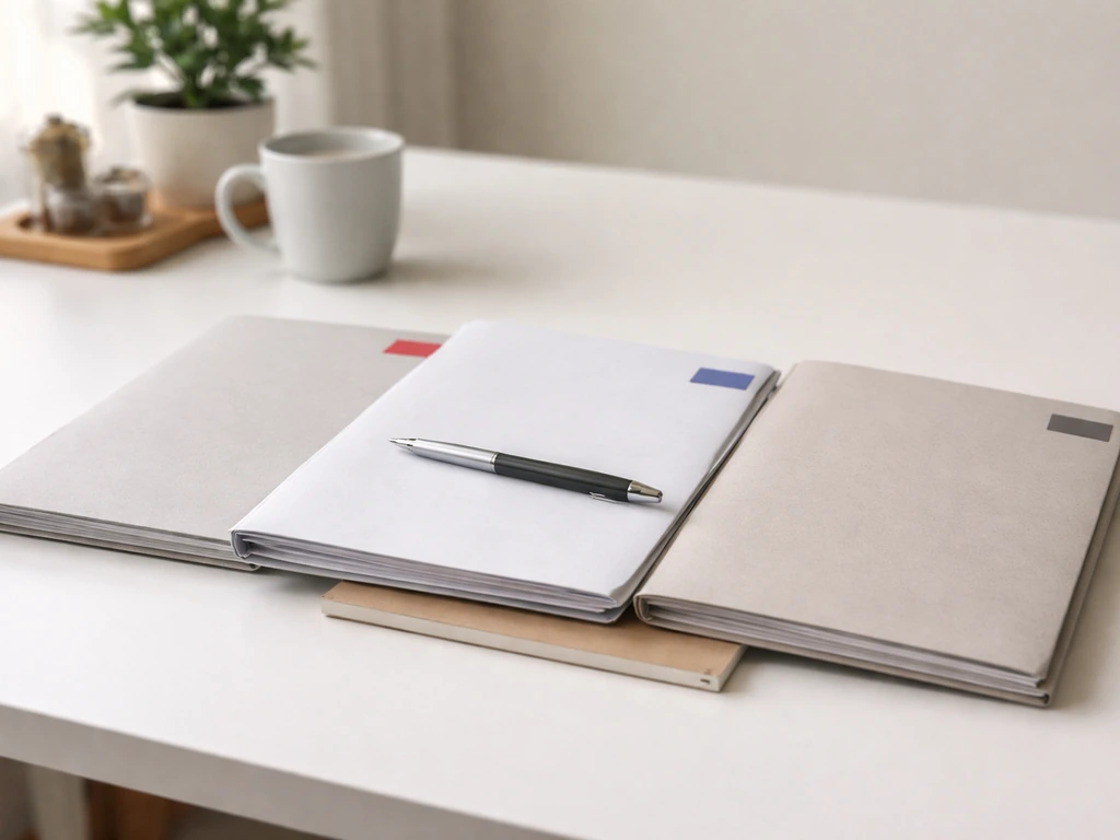 Minimal photo of a desk with three neatly stacked folders labeled income, assets, and liabilities