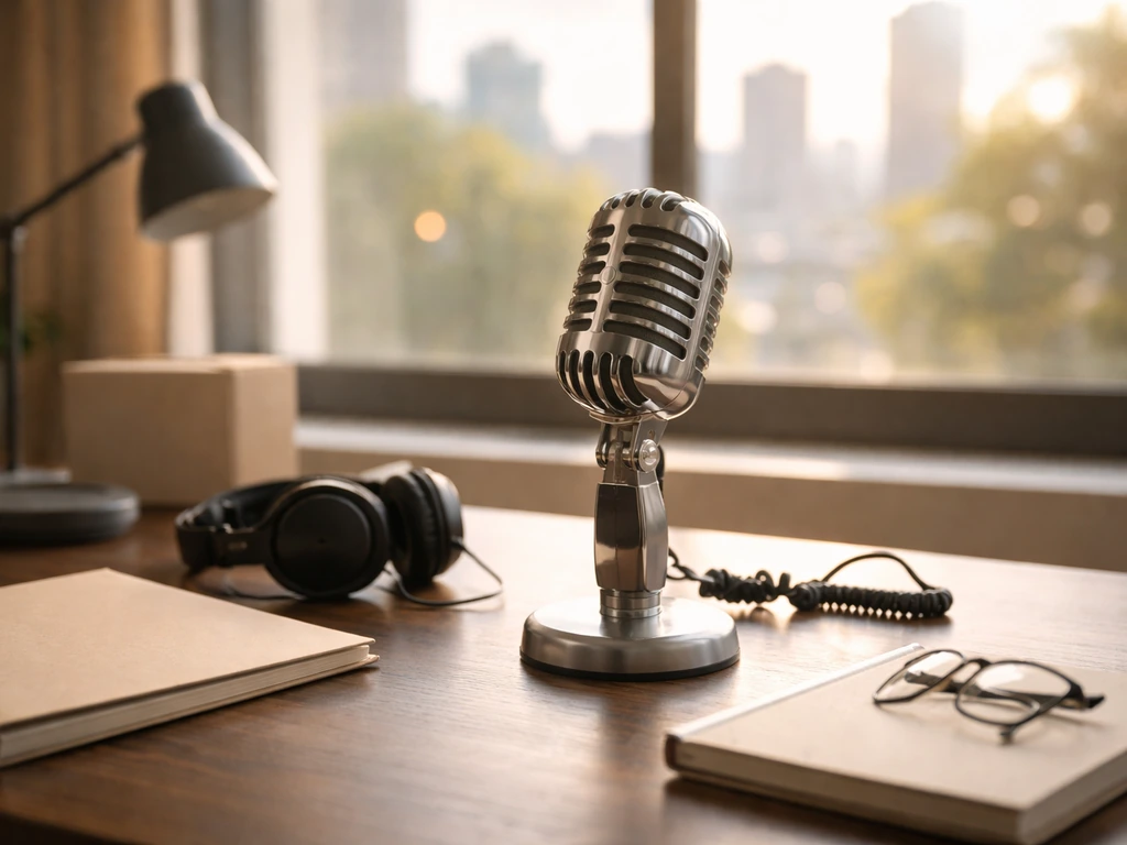 Minimal studio scene with an old Hollywood-style microphone and a blurred window skyline symbolizing acting legacy and e
