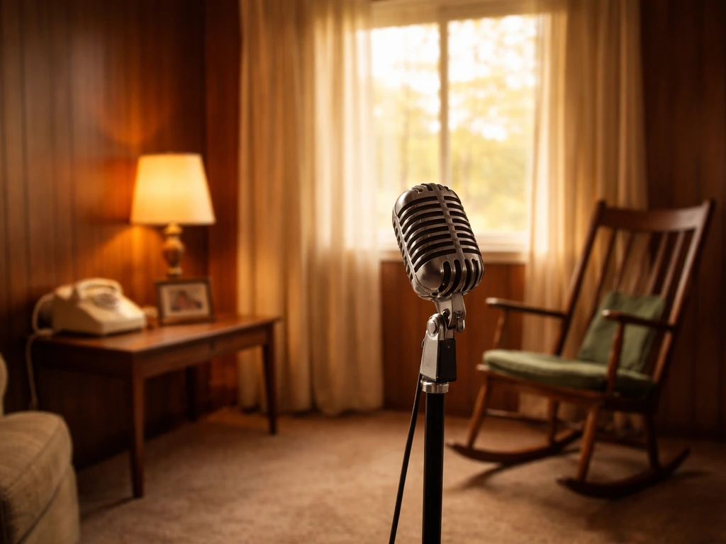 1970s living room scene with vintage telephone and studio microphone, symbolizing classic TV and voice work