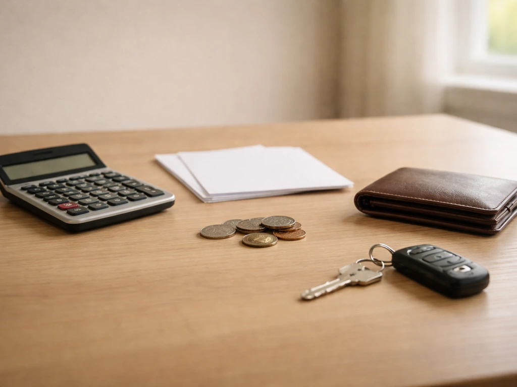Minimal photo of a tidy desk with a calculator and scattered coins beside documents symbolizing assets and debts.