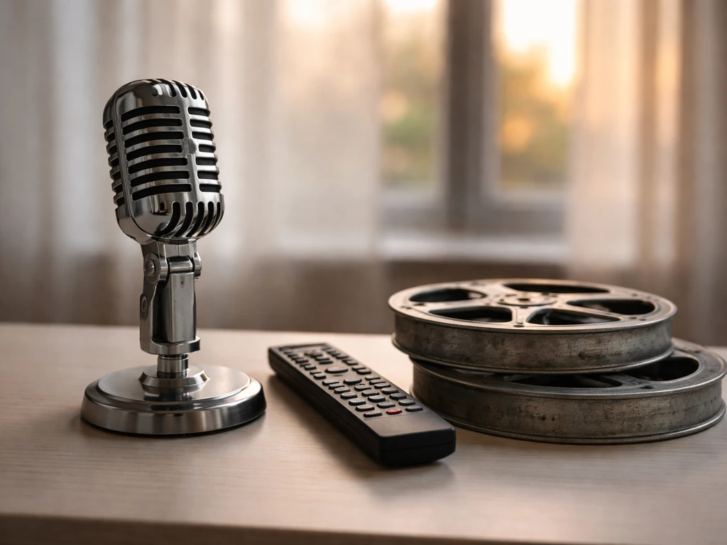 Minimal desk scene with studio microphone, old TV remote, and film reels symbolizing actor income sources