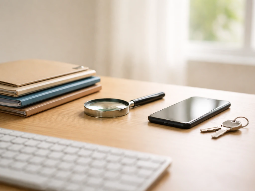 Desk scene with folders, a magnifying glass, and a phone symbolizing independent net-worth record checks.