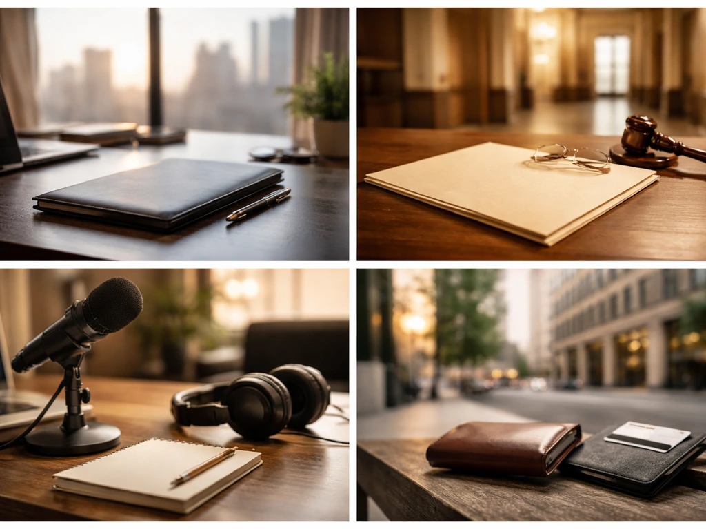 Four-tile collage of anonymous business, legal, media, and finance desk scenes for disambiguating the same name.