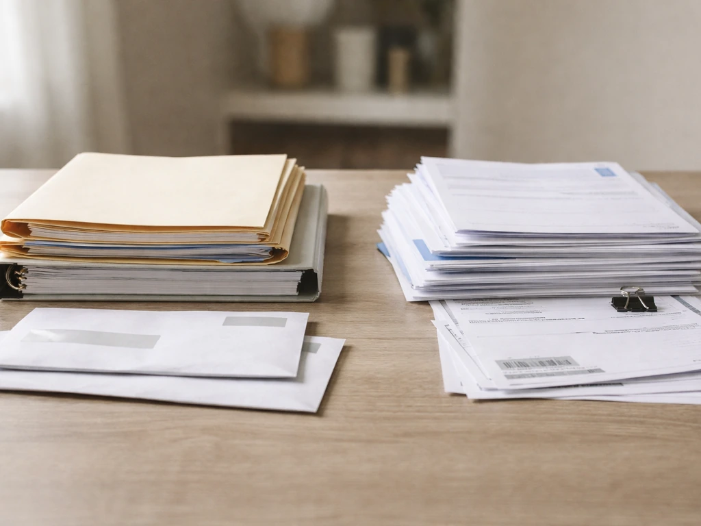 Minimal tabletop scene with folders and envelopes showing asset and liability categories side-by-side.