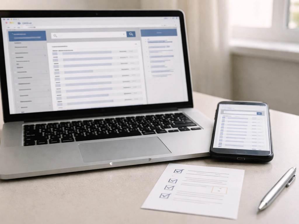 Laptop showing an SEC EDGAR-like results page next to a blank checklist card with checkmarks.