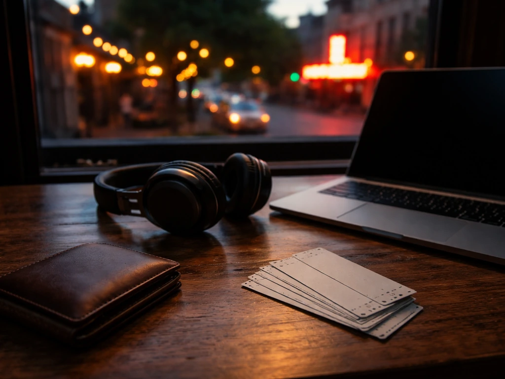 Minimal photo of a quiet downtown music promoter vibe: laptop, headphones, and a dim marquee-like street glow