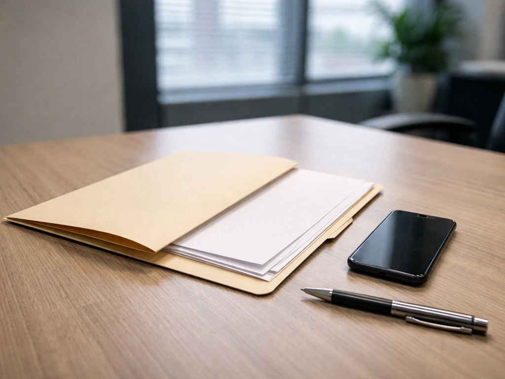 Close-up of an anonymous executive office desk with a folder of documents and a phone, symbolizing corporate filings.