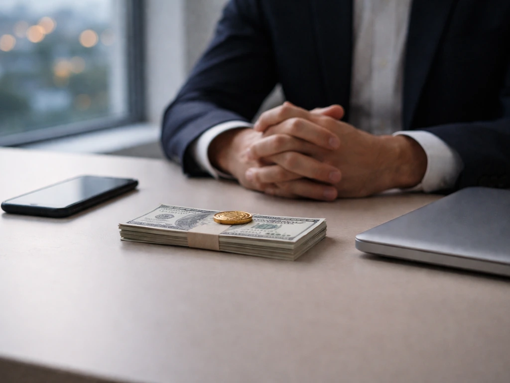 Anonymous hands on a desk with cash and a gold coin, blurred office window background at dusk.