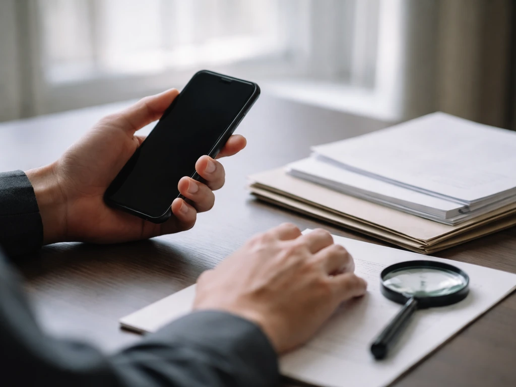 Hands holding a smartphone beside neatly arranged documents in a quiet office audit scene