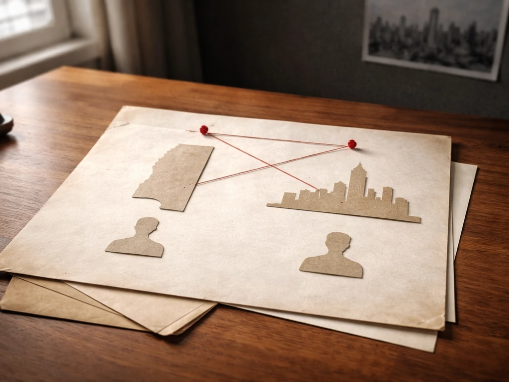 Minimal photo-style scene showing Mississippi and Chicago symbolism with layered archival paper and silhouettes
