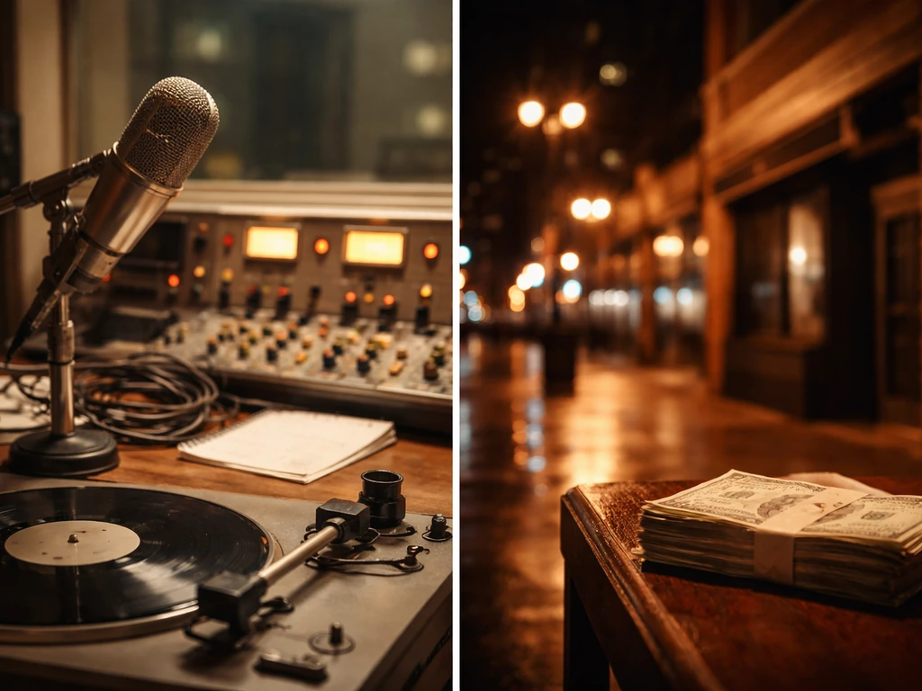 Vintage radio and DJ turntable in a dim Chicago nightlife setting, symbolizing career earnings and income sources.