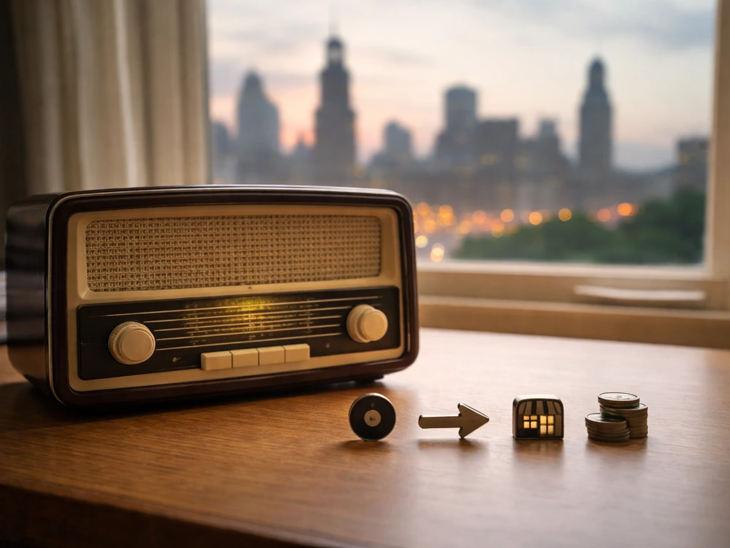 Minimal photo-style scene with four decade-era icons around a small radio and a city skyline in the background.
