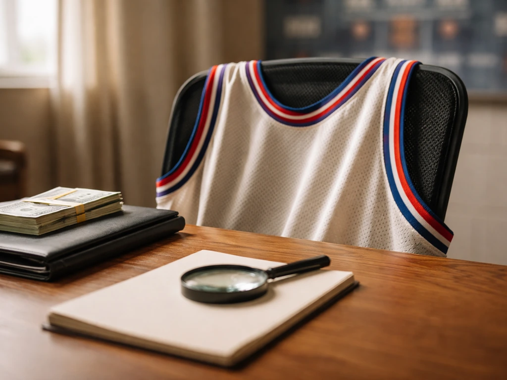 Vintage NBA-style jersey on a desk with money and a magnifying glass, blurred arena background.