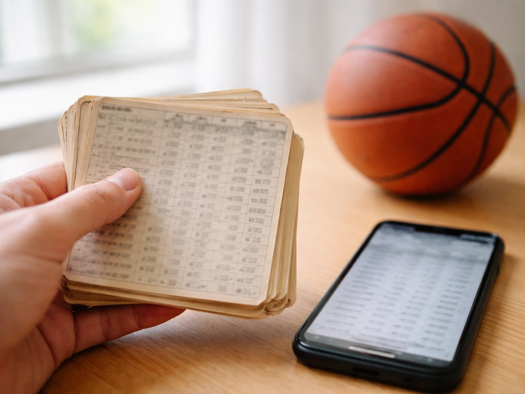 Hand holding worn NBA stat cards next to a basketball, implying name collision without readable text