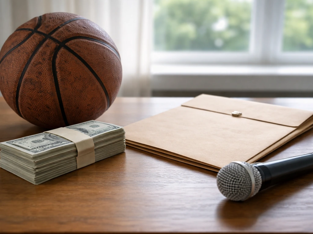 Minimal photo of a basketball, cash, and a contract folder on a desk, symbolizing NBA earnings.