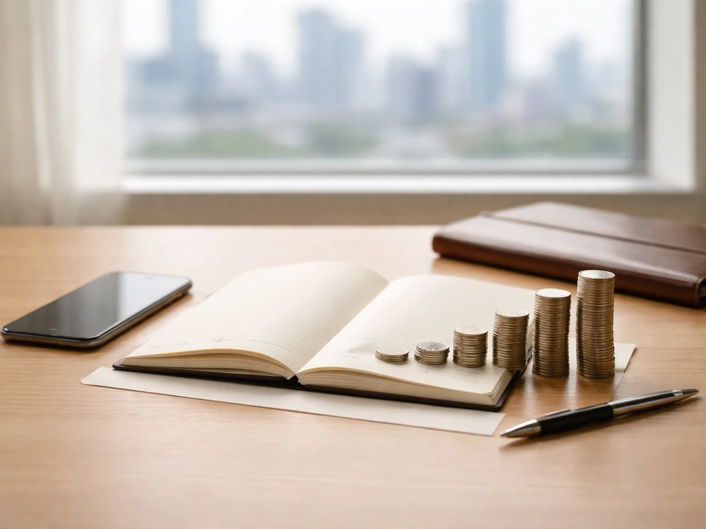 Minimal desk scene with coins, notebook, and pen suggesting a wealth change timeline.