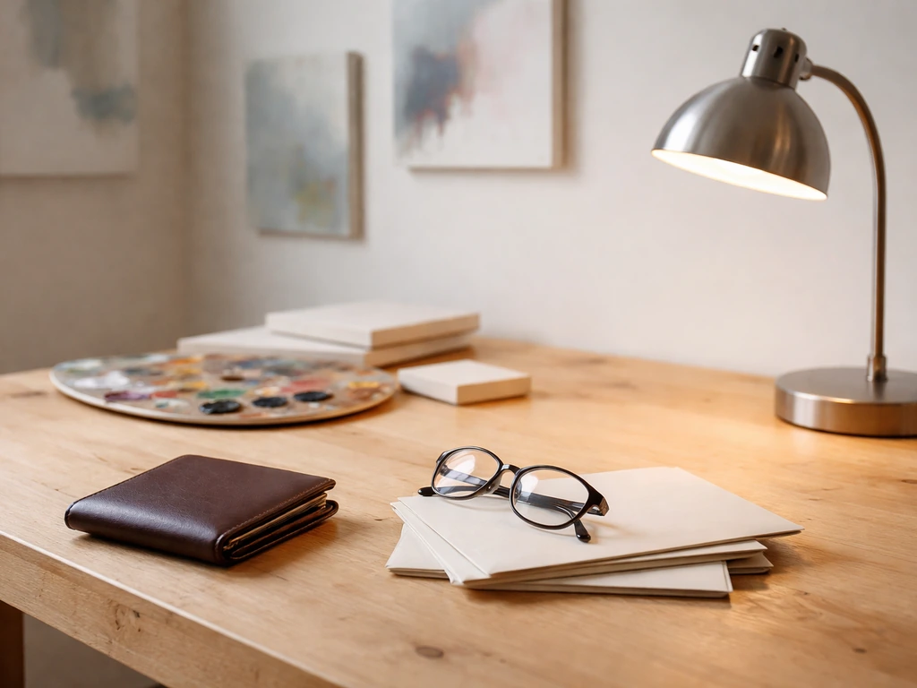 Minimal contemporary art studio desk with abstract canvases, lamp, and blank envelopes symbolizing net worth analysis.