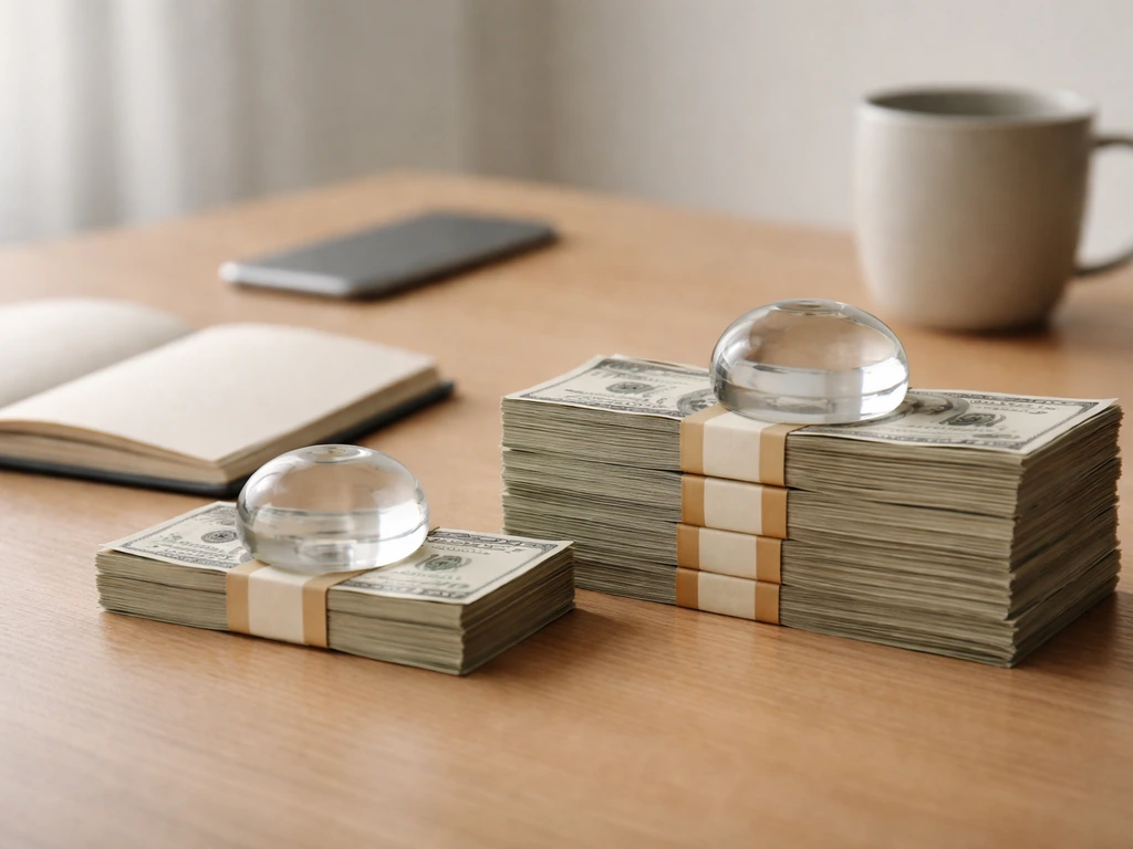 Minimal desk scene with two cash bundles of different sizes under a glass paperweight, no text.