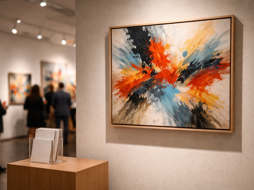 Close view of framed abstract artwork on a gallery wall with blurred auctioneer-style crowd in the background