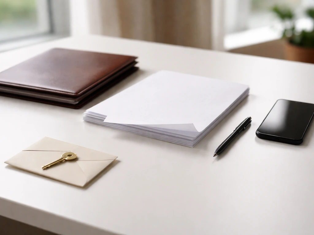 Minimal desk scene with papers, pen, and phone suggesting a net worth re-check checklist.